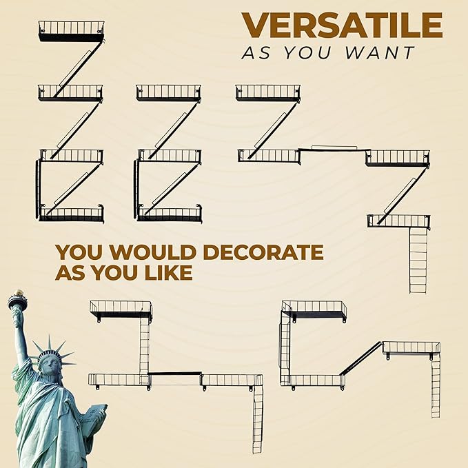 VERSATILE KAS 4-Tier Metal Fire Escape Wall Shelf | 30" NYC Industrial Floating Shelves for Action Figures | Black Urban Display Ladder with 7.5lb Capacity