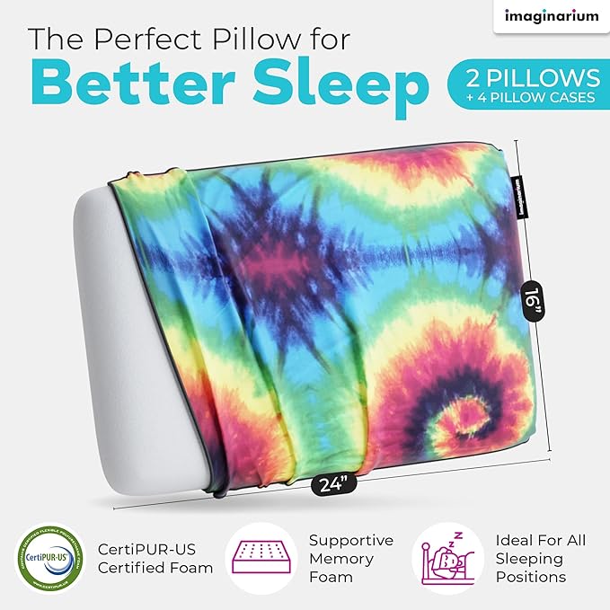 Imaginarium 2 Pack Memory Foam Pillows for Bed – 16" x 24" Standard – Fun Decorative Colorful Pillow for Sleeping – Back, Stomach & Side Sleepers – Includes 2 Extra Cooling Covers (Tie Dye)