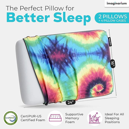 Imaginarium 2 Pack Memory Foam Pillows for Bed – 16" x 24" Standard – Fun Decorative Colorful Pillow for Sleeping – Back, Stomach & Side Sleepers – Includes 2 Extra Cooling Covers (Tie Dye)