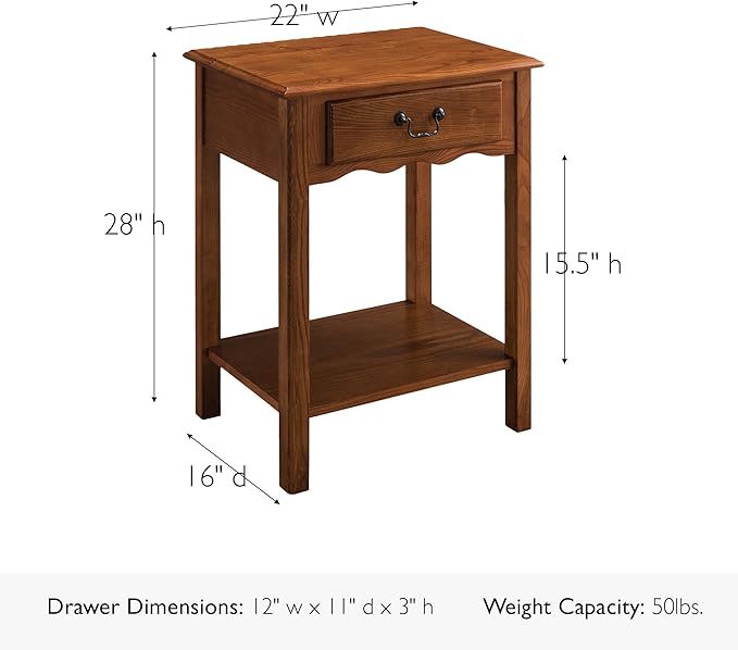 Salem Solid Wood Nightstand with Drawer and Shelf, Medium Oak Brown, Perfect for Bedrooms, Living Rooms, and Small Spaces – Leick Home, 9067-MED