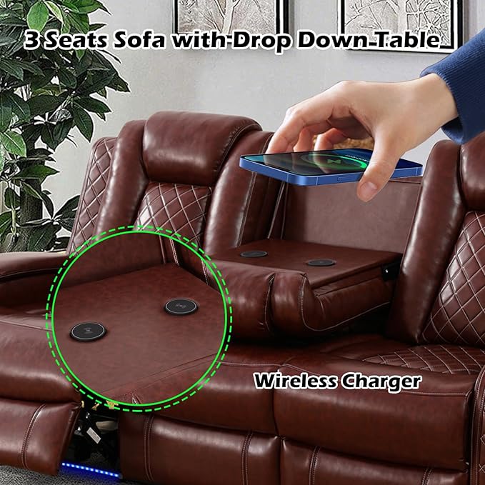 Power Reclinier Sectional Sofa Set,Brown Red Leather Reclining Sectional Modular Couch Set,L Shaped Leather Couch with LED Light for Living Room/House/Apartment/Lounge(L+3 Seats Sofa)