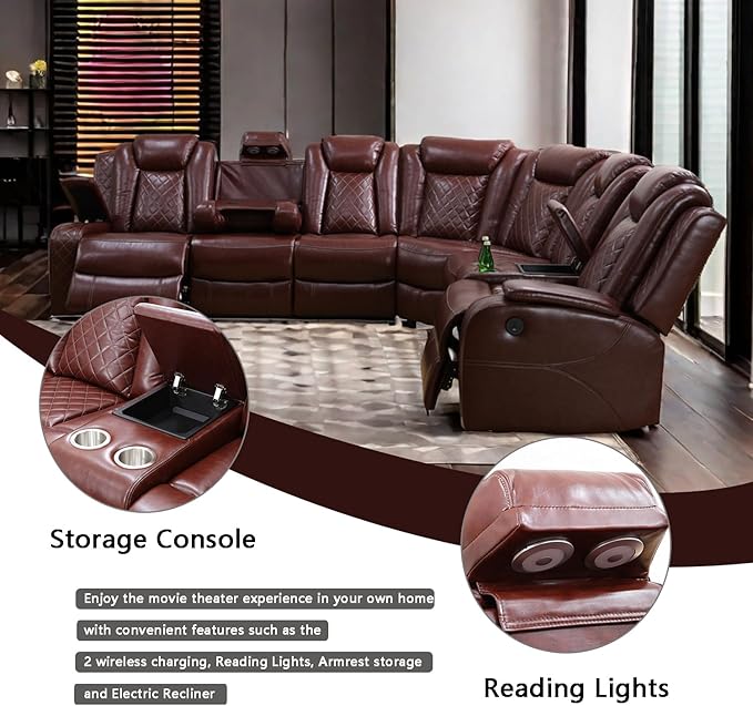 A Ainehome Leather Power Recliner Furniture Sofa Set, Power Recliner Adjustable Sofa, Loveseat and Chair with USB Chargers/Cup Holder for Living Room/Office(A-Brown)