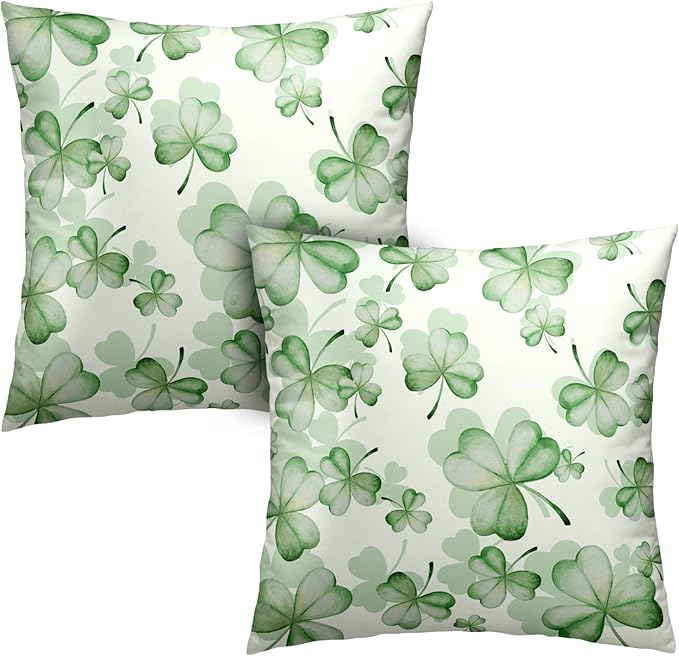 St Patricks Pillow Covers 16x16 Green Shamrock Flower Pillows Cases New Year Pillow Covers St Pattys Decorations Cotton Blend for Indoors Couch Bed Living Room in 2 Pcs