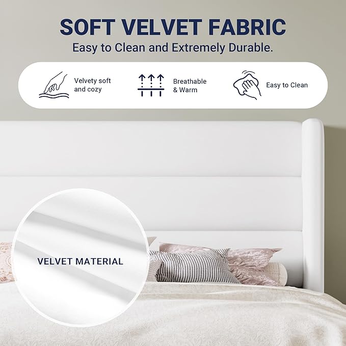Allewie Queen Size Platform Bed Frame with Velvet Upholstered Wingback Headboard, No Box Spring Needed, Under Bed Storage Space, Strong Wooden Slats, Modern Mattress Foundation, Easy Assembly, White