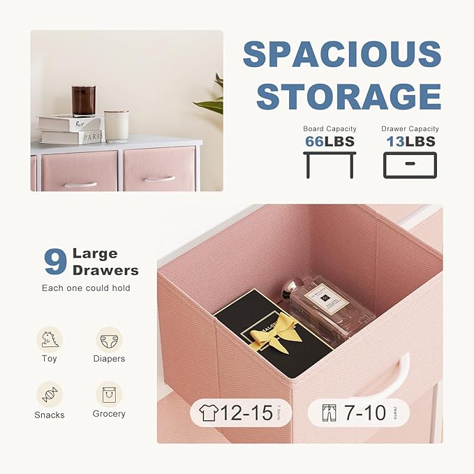 DUMOS 9 Drawer Dresser for Bedroom, Fabric Storage Organizer with Sturdy Metal Frame, Wooden Top Chest of Drawers for Closet Entryway Guest Room,Pink