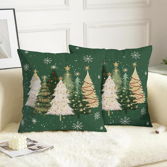 Green Christmas Outdoor Pillow Covers 22x22 Set of 2 White Gold Xmas Tree Snowflakes Pillow Case Rustic Farmhouse Winter Holiday Decorative Pillowcases for Home Sofa Couch