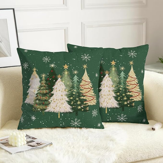Green Christmas Outdoor Pillow Covers 16x16 Set of 2 White Gold Xmas Tree Snowflakes Pillow Case Rustic Farmhouse Winter Holiday Decorative Pillowcases for Home Sofa Couch