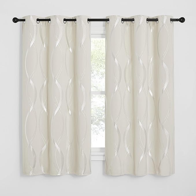 NICETOWN Beige Cafe Curtains Small Blackout Panels, 34 x 63 Window Treatment Thermal Insulated Solid Grommet Room Darkening Wave Line Foil Print Design Drapes for Kitchen and Loft (Set of 2)