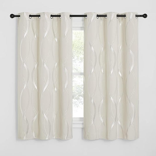 NICETOWN Beige Cafe Curtains Small Blackout Panels, 34 x 63 Window Treatment Thermal Insulated Solid Grommet Room Darkening Wave Line Foil Print Design Drapes for Kitchen and Loft (Set of 2)