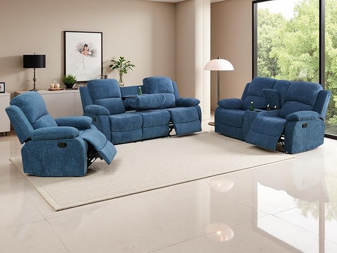 Fabric Recliner Sofa Set - Modern Manual Reclining Living Room Furniture With Cup Holders & Storage Console (Blue, 3 PCS Set)