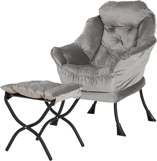 Kokel Lazy Chair with Folding Ottoman,Living Room Chairs, Accent Contemporary Lounge Chair, Single Steel Frame Leisure Sofa Chair with Armrests and A Side Pocket (Light Gray)