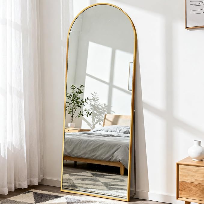 DUMOS Arched Full Length Mirror with Stand Floor Standing Aluminum Frame for Bedroom Body Hanging Leaning Modern Simple Home Decor Shatter-Proorf Nano Glass Wall Living Room Cloakroom Gold 58"x19"