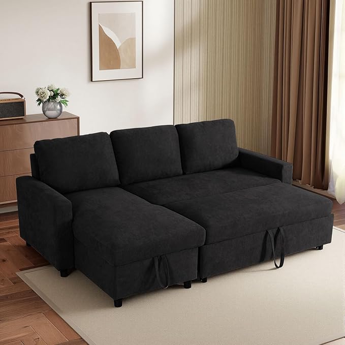 Yafylly L-Shaped Sleeper Sofa with Chaise Lounge & Storage, Pull-Out Couch Bed with Recliner, Full Size Futon for Living Room, Office, Apartment Black
