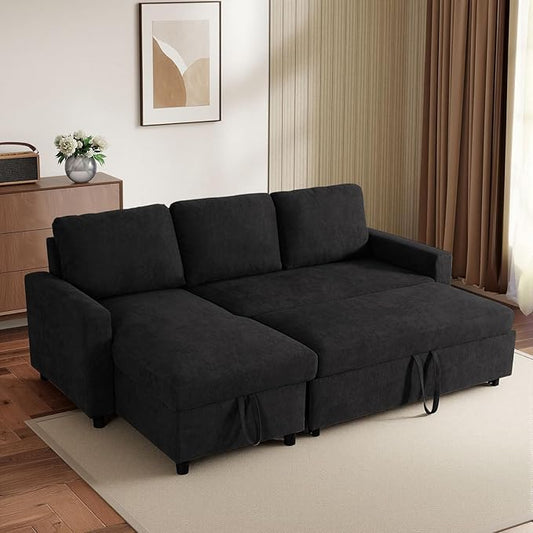 Yafylly L-Shaped Sleeper Sofa with Chaise Lounge & Storage, Pull-Out Couch Bed with Recliner, Full Size Futon for Living Room, Office, Apartment Black
