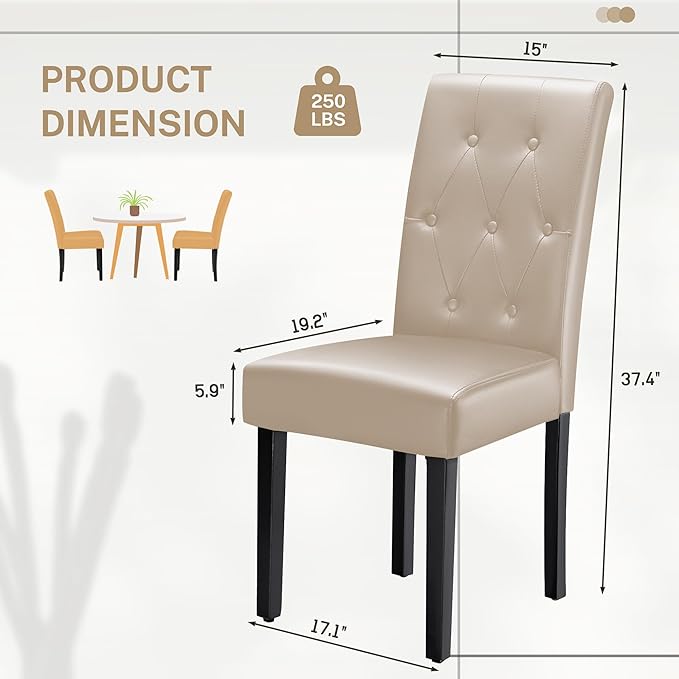 Furmax Ergonomic Dining Chairs Set of 2, PU Leather Dinning Room Chairs, Button Tufted Kitchen Chairs with Adjustable Wood Legs for Kitchen Living Room (Leather Beige, 2)