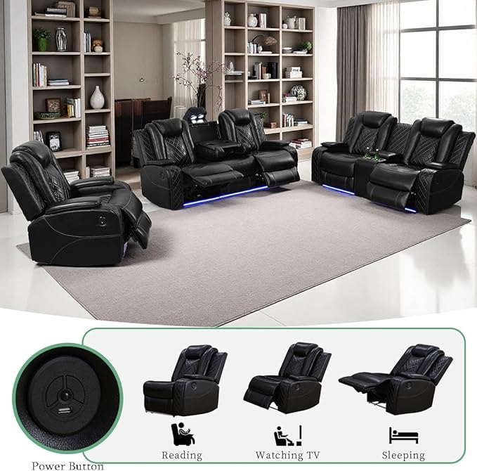 Power Recliner Sofa Sets, Living Room Furniture Sets, Black Modern Power Reclining Sofa, Loveseat and Chair with Cup Holders/Storage Console/LED Light for Living Room