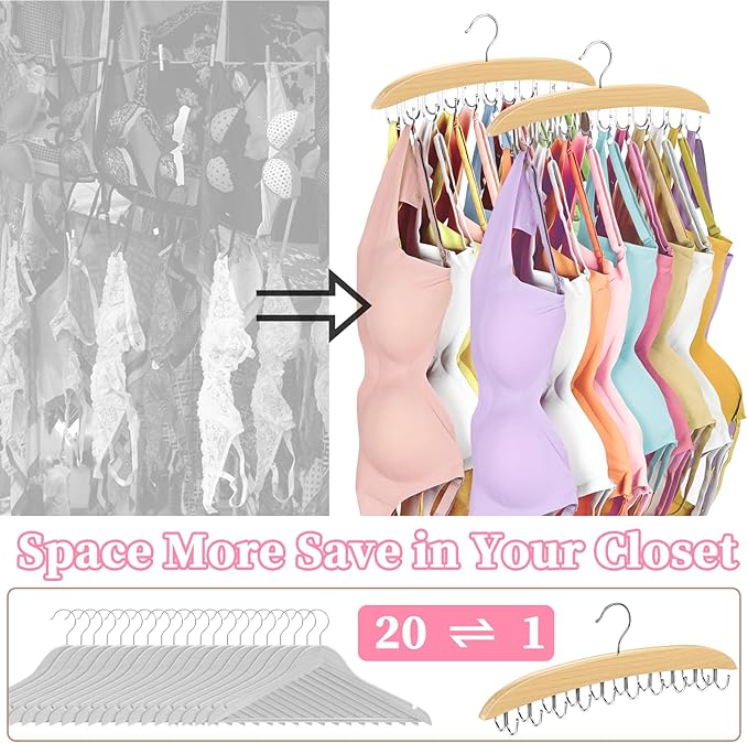 Bra Organizer for Closet, 360° Rotating Bra Hanger Space Saving w/20 Foldable Metal Hooks, Tank Top Hanger Closet Organizers and Storage for Camisoles/Tank Tops/Bras/Belts/Scarves Wood