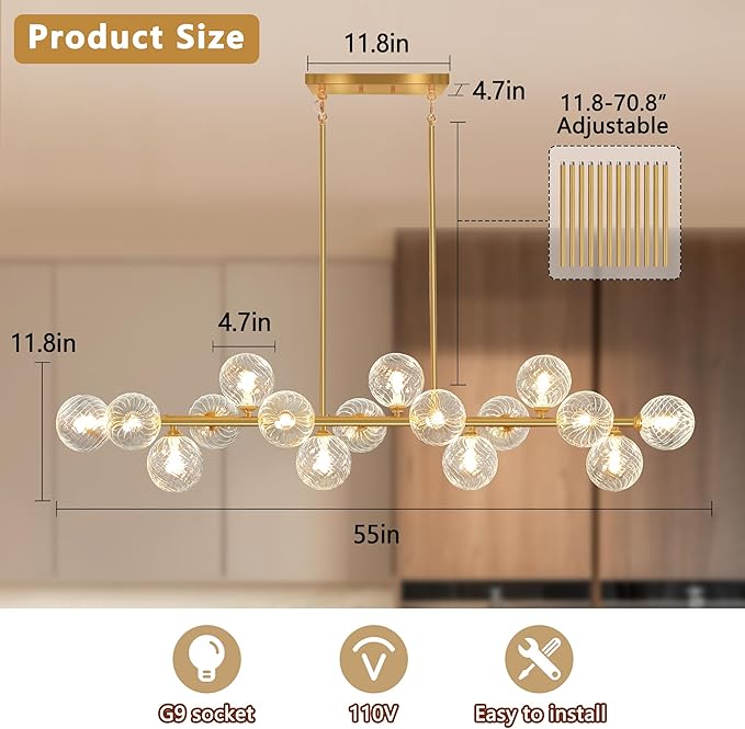 Modern Chandeliers for Dining Room Swirled Glass 55" Gold Linear Sputnik Chandelier 16-Light Large Chandelier Bubble Dining Room Light Fixture Linear Island Lights for Kitchen, Electroplated Brass