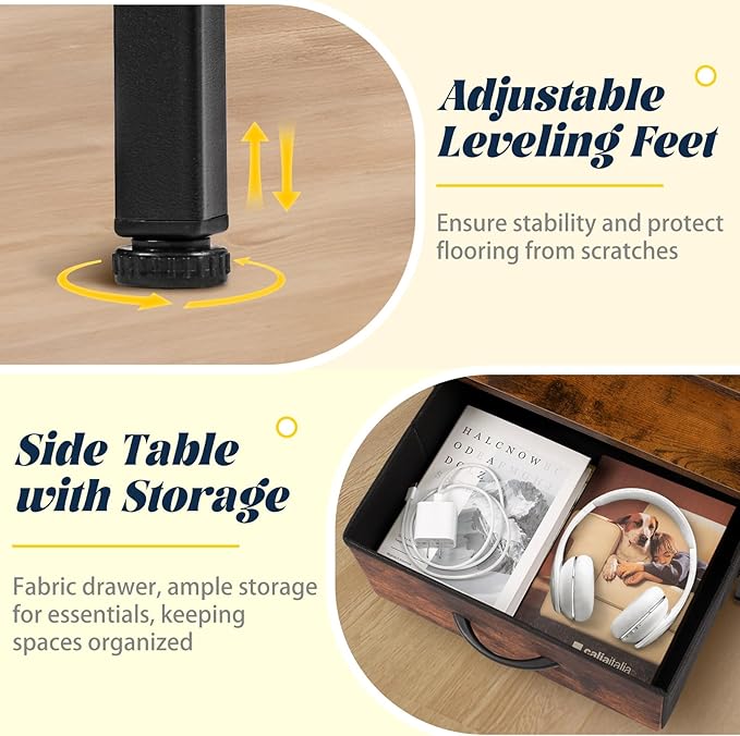 Night Stand with Charging Station, Bedside Table with Adjustable Fabric Drawers, End Table with LED Lights, Side Table with USB Ports Open Shelf for Bedroom, Brown