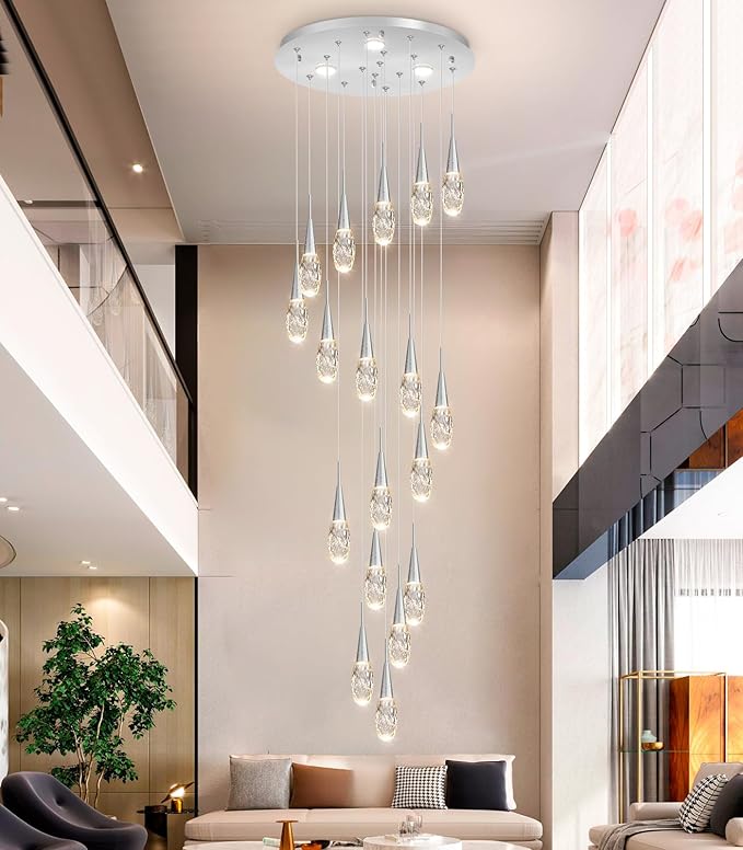18-Lights 138 Inches Modern Chandelier LED Light Fixtures High Ceiling Long Light Chandelier for Entrance Foyer Dimmable Drop Lights with Remote Living Room Ceiling Pendant Lighting Shine Silver