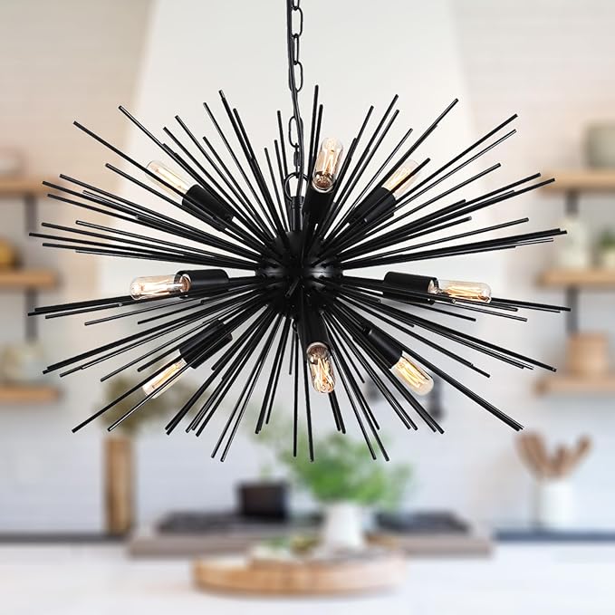 24in Black Sputnik Chandelier Light Fixture Over Table Modern 9-Lights Starburst Chandelier Solid Metal Satellite Sputnik Light Fixture for Dining Room, Kitchen Island, Bedroom,Foyer,Entryway