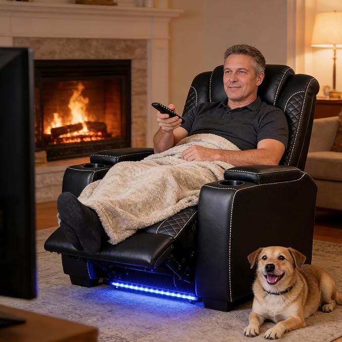 ANJ 2PCS Power Reclining Loveseat and 1PCS Recliner Chair with LED Lights, USB Charging & Cup Holders, Faux Leather Living Room Furniture for Home Theater, Small Spaces & RV (Black)
