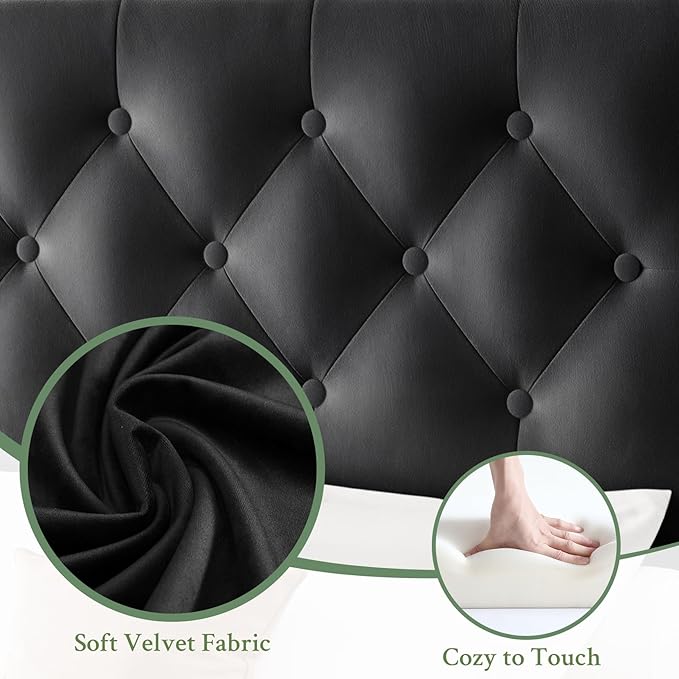 King Size Bed Frame with Tall Headboard, Velvet Upholstered Platform Bed with LED Lights & Charging Station, 52.7"-55" Adjustable/Modern Tufted Wingback Storage Headboard, No Box Spring Needed, Black