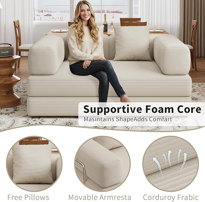 BSHOMGI 4 in 1 Futon Sofa Bed Queen Size - Foldable Convertible Sleeper Sofa Couch, Removable Washable Corduroy Cover, Space Saving Floor for Living Room (Beige, 53.15" Double Sofa)