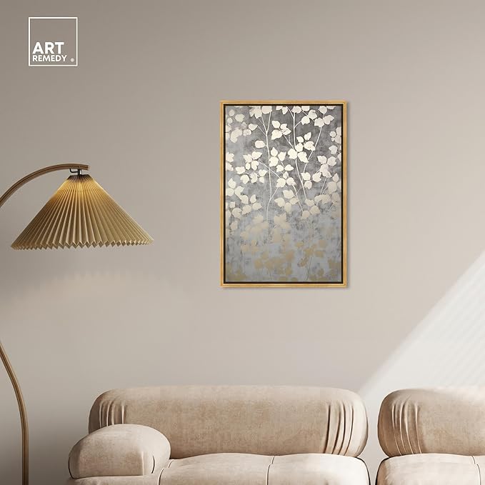 Art Remedy Silvery Gray Garden Canvas Elegant Floral Wall Art, Gold Frame, 20" x 30"