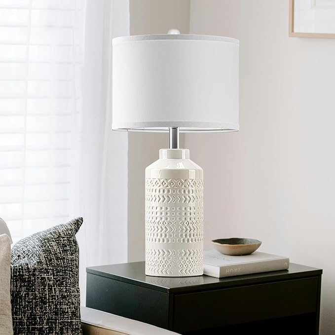 Set of 2 Modern Cream White Ceramic Table Lamps, 23.5" Elegant Farmhouse Bedside Lamps with White Linen Shade, Vintage Nightstand Lamps for Bedroom, Living Room & Entryway (Bulbs Not Included)