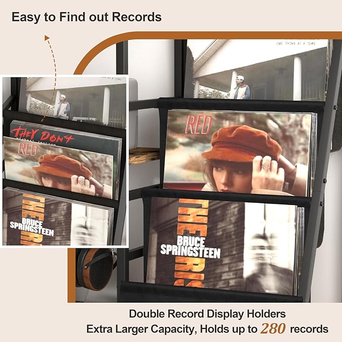 Record Player Stand with Vinyl Storage, Record Player Table with Vinyl Record Storage Up to 280 Albums, Turnta ble Stand with Record Holder Display Shelf, Record Cabinet for Media Stereo Audio