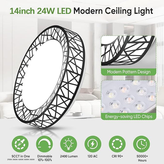 14 Inch Flush Mount Ceiling Light, Modern Black LED Ceiling Light Fixture, 24W 2400LM 2700-6500K Adjustable, Dimmable Ceiling Lights for Bedroom, Kitchen, Hallway, Bathroom, ETL Listed