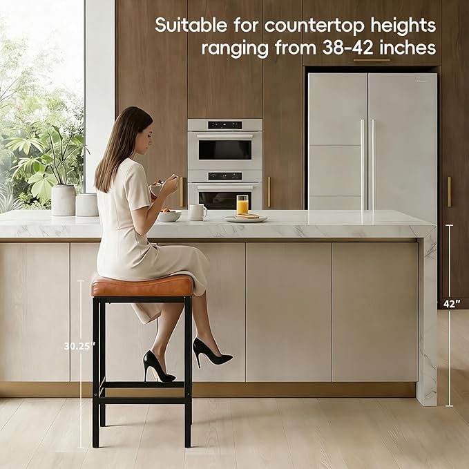 Counter Height Bar Stools Set of 2, 30 Inch Bar Stools for Kitchen Counter, Faux Leather Bar Stool, Saddle Barstool with Footrest & Heavy-Duty Metal Base, Easy Assembly, Brown