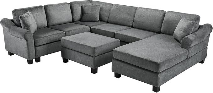 ERYE 112-Inch U-Shaped Sectional Sofa with Movable Storage Ottoman, Oversized Chenille Upholstered Corner Modular Sofa Couch W/Right Facing Chaise Lounge and 3 Toss Pillows