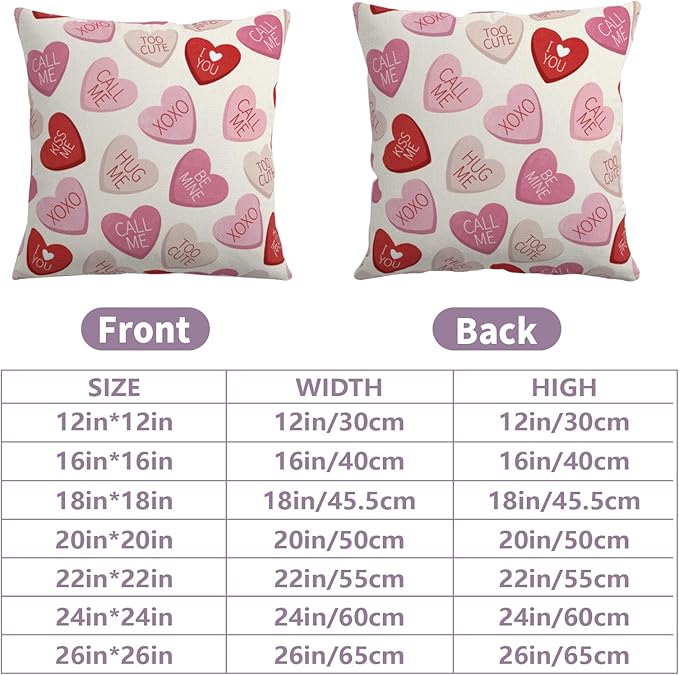 Valentines Conversation Heart Pillow Cover 24x24 Set of 2 Valentines Day Outdoor Red Pink Hearts Throw Pillow Covers Cute Candy Heart Pillowscase for Living Room Couch Sofa