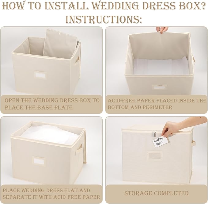 Wedding Dress Storage Box with 1 Pair of Microfiber Gloves and 20 Sheets of Acid-Free Paper, Wedding Dress Preservation Box for Heirlooms, Gowns Bride Musthaves(Beige)