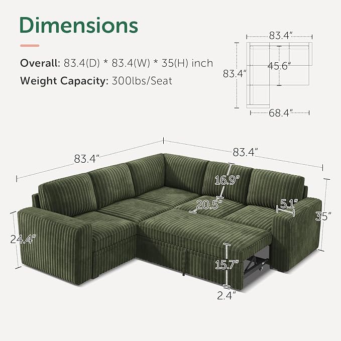 HONBAY Modular Sectional Sleeper Sofa with Pull Out Bed,Corduroy L Shaped Couch with Storage, Sectional Couches for Living Room,Green
