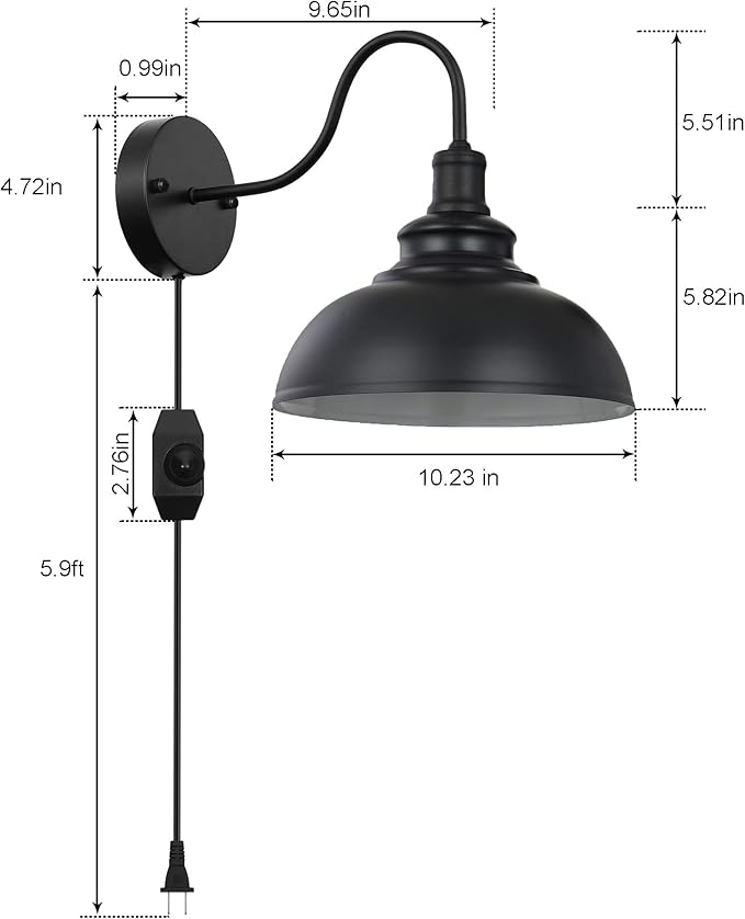Black Gooseneck Industrial Wall Sconces E26 Base with Plug in Wall Lamp Dimmer Switch Vintage Style Wall Light Fixture for Farmhouse Bedroom Bedside Nightstand Headboard Porch Garage of 2 Set Packs