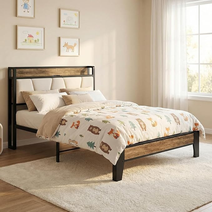 LIKIMIO Twin Bed Frames, Storage Headboard with Charging Station, Solid and Stable, Noise Free, No Box Spring Needed, Easy Assembly (Walnut and Beige)