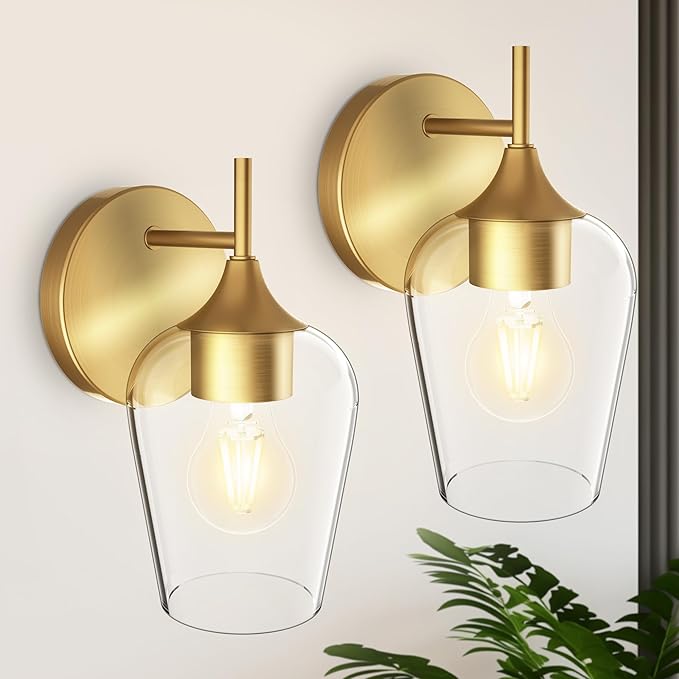 Hamilyeah Gold Sconces Wall Lighting Set of 2, Bathroom Wall Lighting Fixtures Brass, Modern and Vintage Wall Lights with Clear Champagne Glass Shade for Bedroom,Fireplace,Hallway,Kitchen