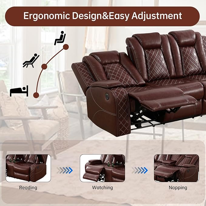 Power Reclining Sectional Sofa with Air Leather Upholstery, Electric Adjustable Recliner Couch, Quiet Motor Support, Home Theater Seating with Wireless Power, Cup Holders, Storage for Living Room