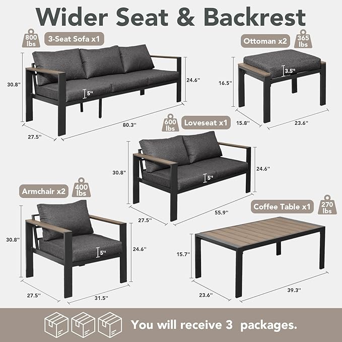 Outdoor Patio Furniture Set 7 Pieces Luxury Aluminum Patio Conversation Set with Coffee Table and 2 Ottoman 9 Seats, Thick Cushions, Large Sectional Sofa for Porch, Balcony, Deck, Dark Gray