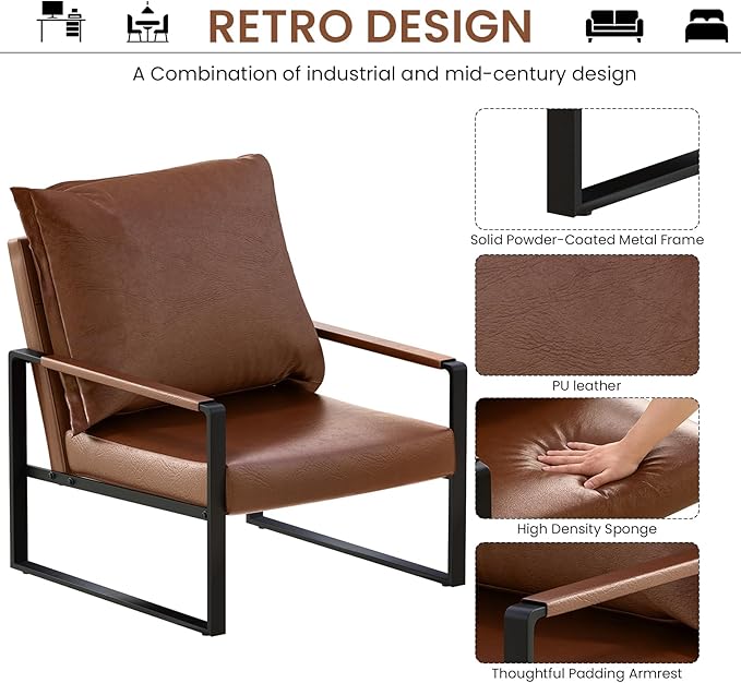 AWQM Modern PU Leather Accent Chair Arm Chair with Extra-Thick Padded Backrest and Seat Cushion Sofa Chairs for Living Room Bedroom, 105 Degree Slant Back, Non-Slip Adsorption Feet-Brown-1（Set of 1）