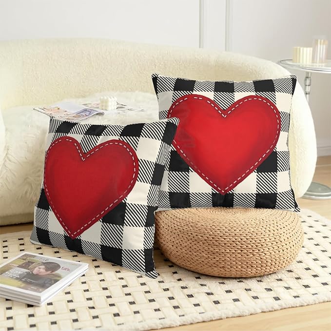 Valentines Outdoor Pillow Covers 24x24 Set of 2 Red Love Heart Throw Pillow Cover Black and White Buffalo Plaids Valentine Decorative Pillow Case for Bed Couch Sofa