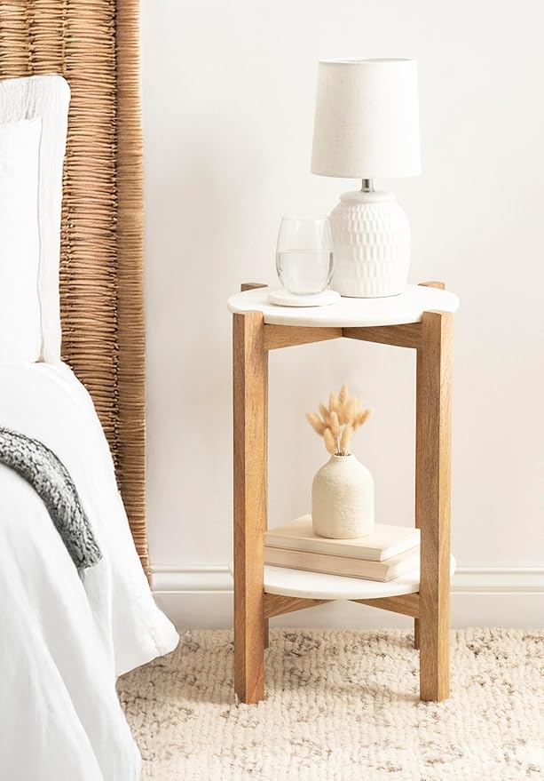 Kate and Laurel Moxley Transitional Round Side Table; 16 x 16 x 22; White Marble and Natural Wood; Tiered Pedestal Table with Authentic Marble Tabletops for Bedroom Nightstand or Indoor Plant Stand