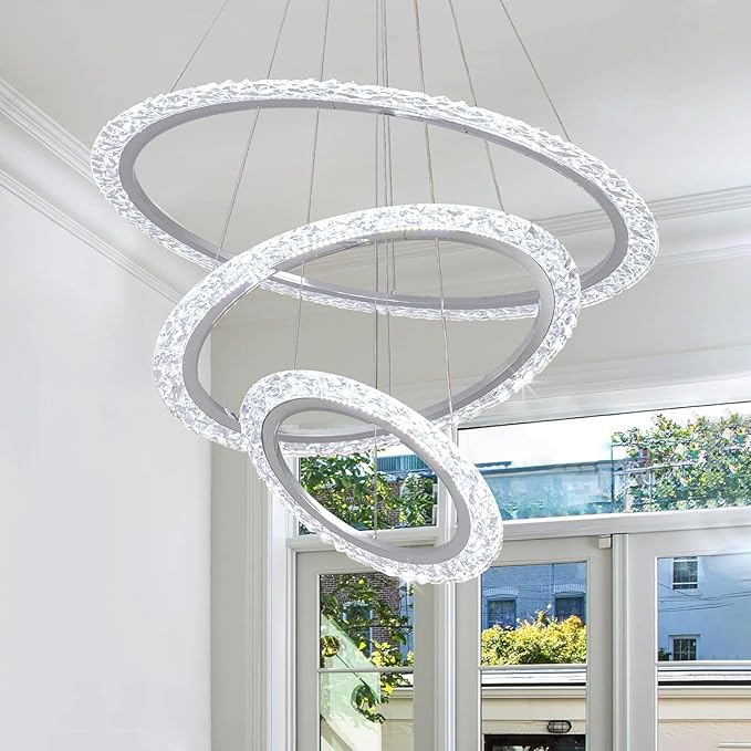 Modern LED Chandelier 𝐃𝟑𝟏.𝟓" 3 Ring Crystal Chandeliers for Dining Room Ceiling Lighting Fixture Adjustable Height Round Pendant Lights Silver Ring Chandelier for Living Room Bedroom