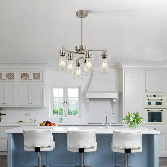 6 Light Farmhouse Brushed Nickel Chandelier,21.7" Modern Chandeliers for Dining Room Light Fixtures Over Table,Pendant Lights Kitchen Island,Metal Bracket with Downward Clear Glass Shade