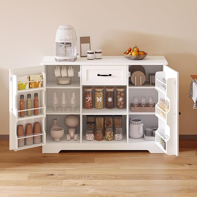 Gizoon Kitchen Sideboard Buffet Cabinet with Storage Coffee Bar Cabinet with Drawer, Kitchen Pantry Storage with Door and Shelves for Bathroom and Living Room, White