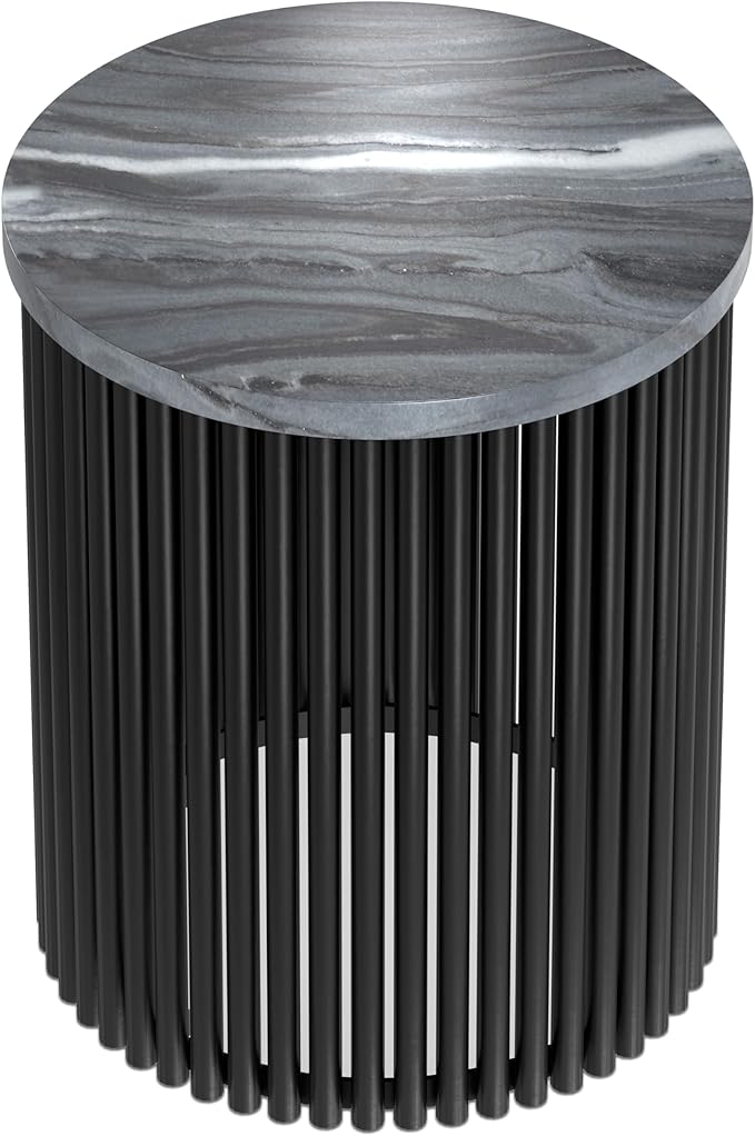 SIMPLIHOME Demy Metal Accent Table - 18 inch Wide Solid Metal Round Side Table with Genuine Marble Top and Slatted Base in Black, Contemporary End Table for Living Room with Compact Design, Assembled