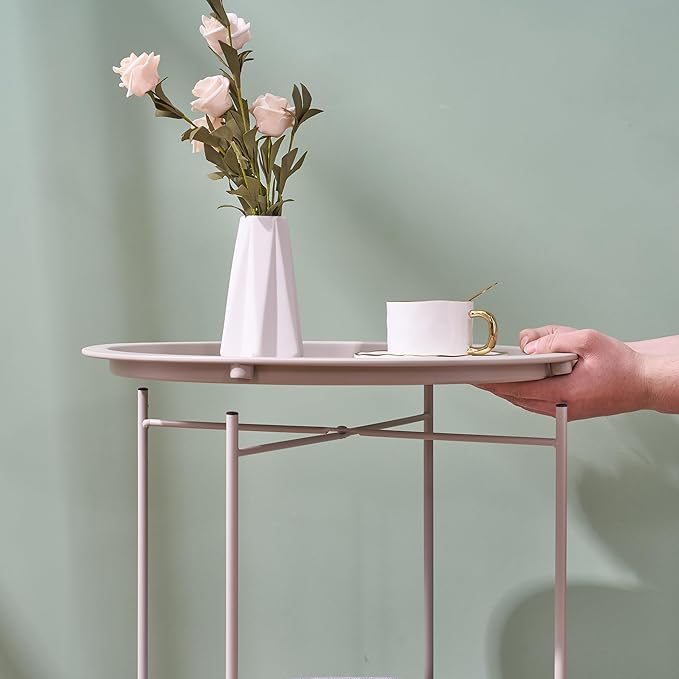 VECELO Round Side/End Table with Fabric Storage Basket，Metal Anti-Rust and Waterproof Small Bedside Nightstand with Removable Tray Top for Living Room，Balcony & Laundry，Grey /1pcs with Basket